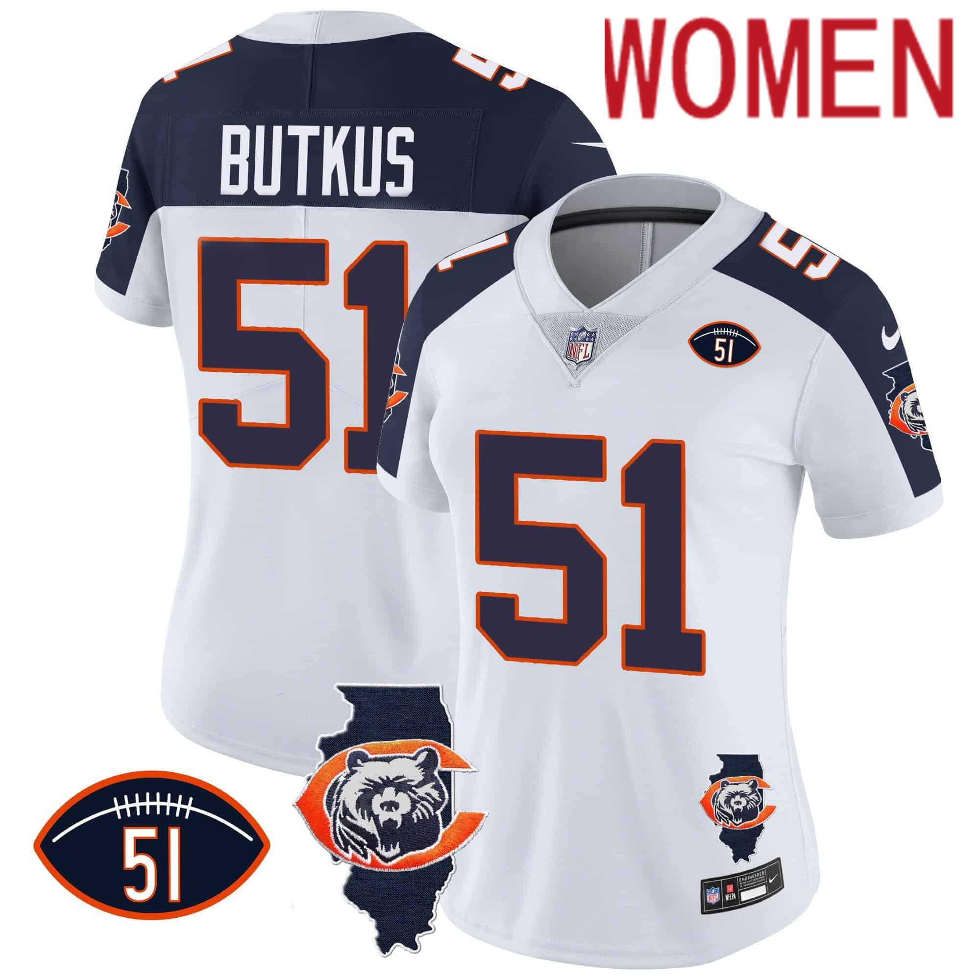 Women Chicago Bears 51 Butkus White 2024 Nike Throwback Illinois Patch Vapor NFL Jersey style 2